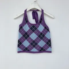 Women's Lace-up Check Knit Short Crop Top - Purple Plaid Halter Neck - View 1