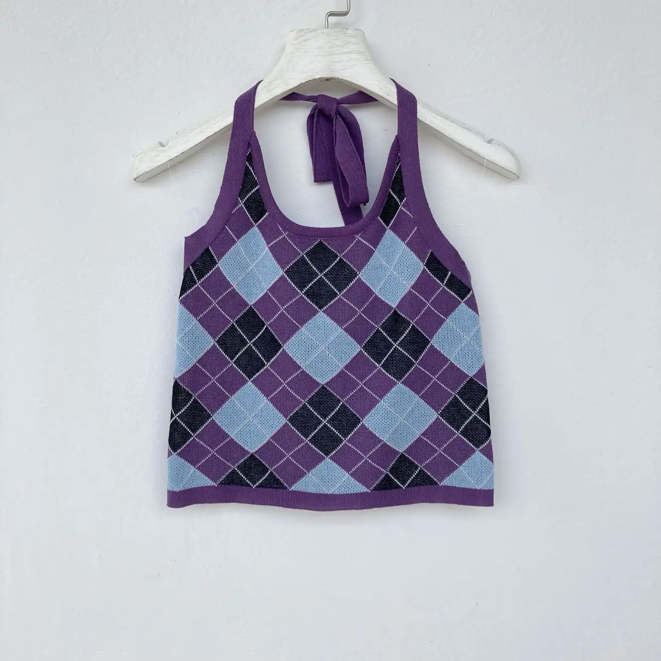Women's Lace-up Check Knit Short Crop Top
