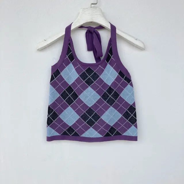 Women's Lace up Check Knit Short Crop Top Purple Plaid Halter Neck - Shop at LoveMi