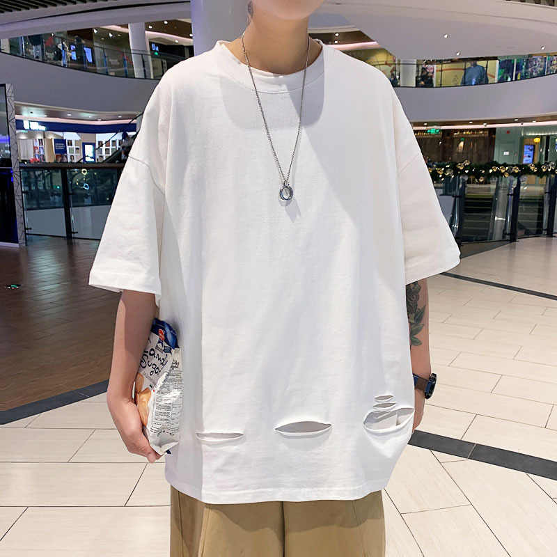 Round Neck Casual Bottoming Shirt Ripped Short Sleeves