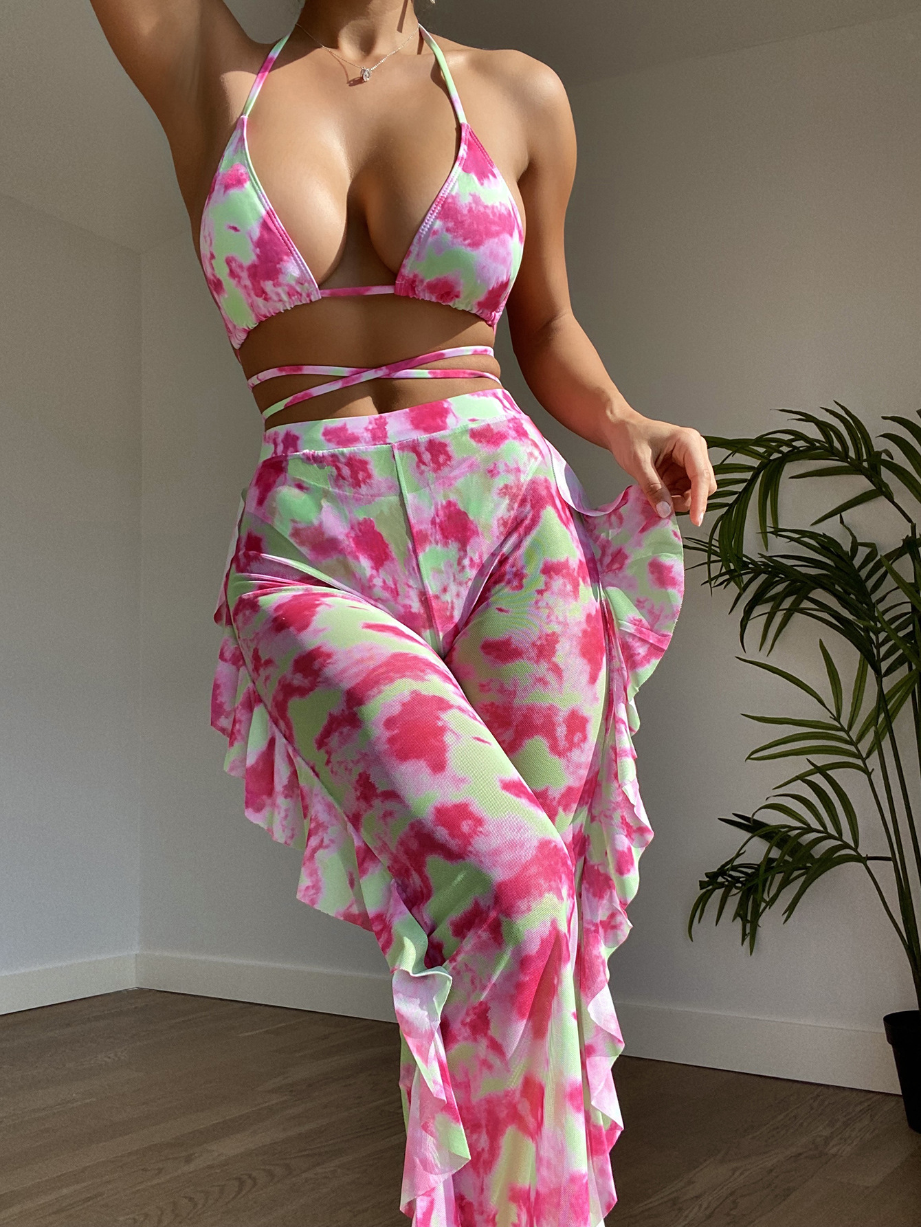 Printed Split Gauze Skirt Bikini Gathered Three Piece Swimsuit