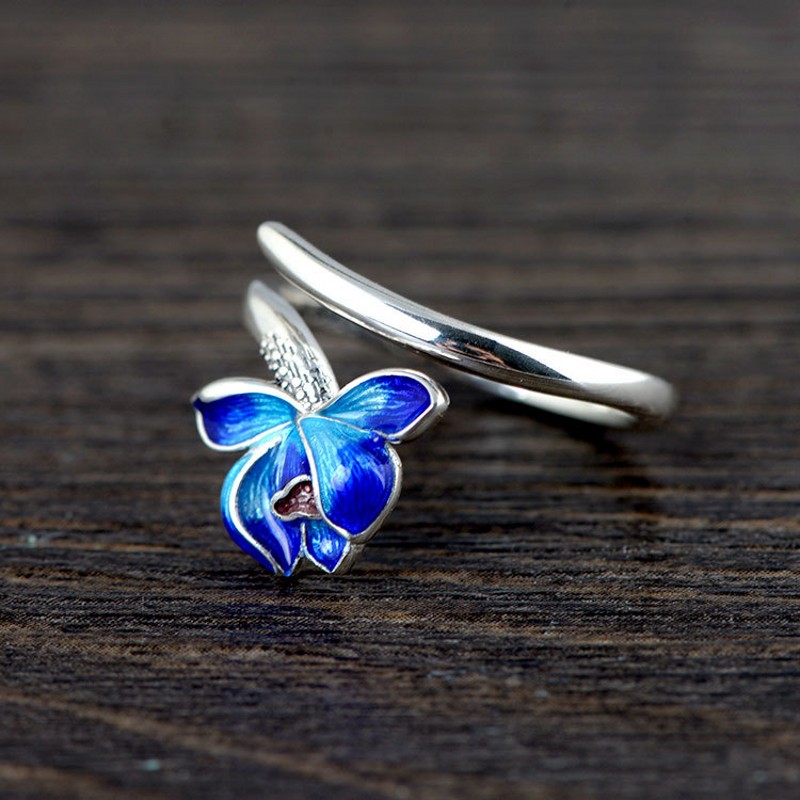 New Retro Women's Fashion Cloisonne Burnt Blue Lotus Ring