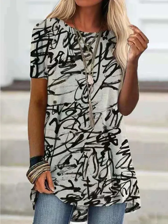 Summer Graffiti Print Short Sleeved Round Neck Mid Length T Shirt Women Black - Shop at LoveMi
