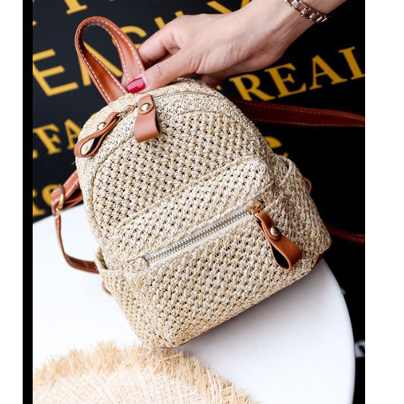 Title 6, Straw Woven Backpack Small Hollow Solid Color