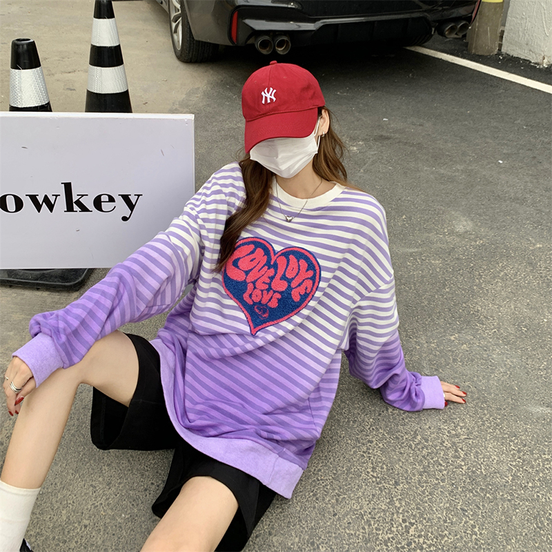 Gradient Color Love Stripe Loose Mid-length Capless Long-sleeved Top