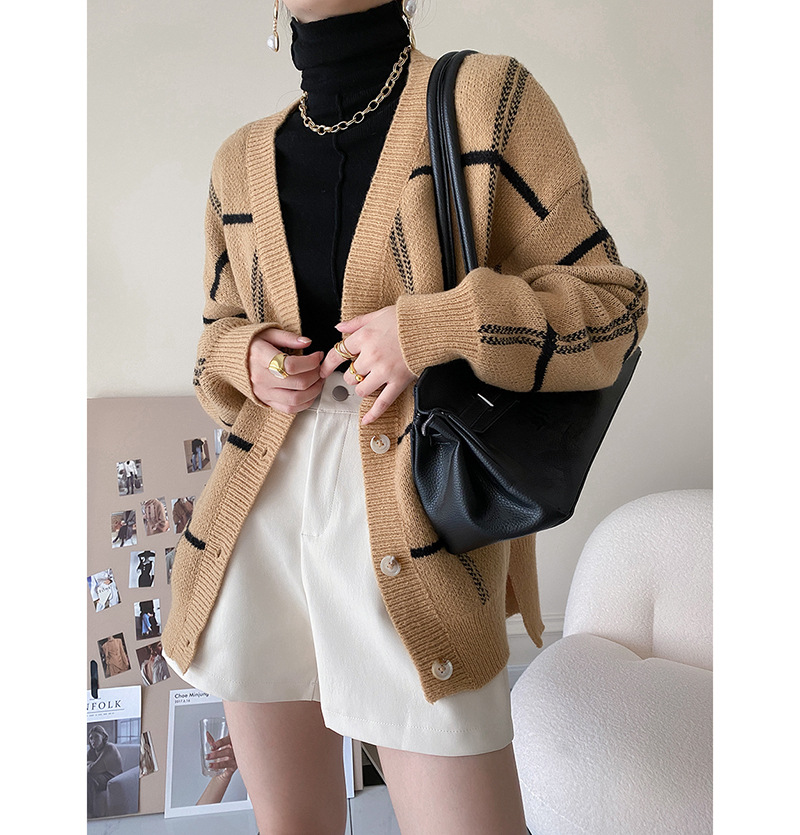 Large Check Loose Long Sleeve Sweater Jacket