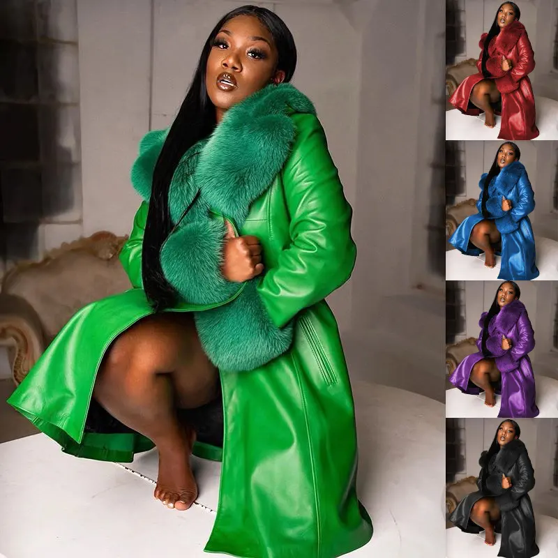 Lapel Long Coat Fur Collar Temperament Zipper Women PU