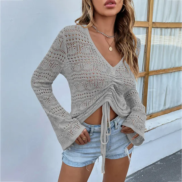 V Neck Drawstring Flare Sleeve Sweater Grey - Shop at LoveMi