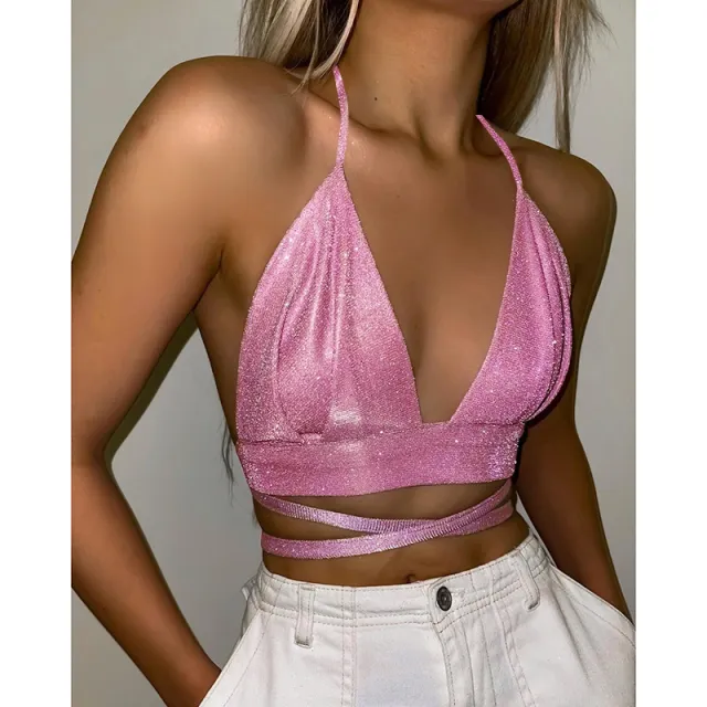 Women's Sexy Straps Inside The Tank Top Wind Spring Halter Backless Tops Pink - Shop at LoveMi