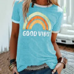 Fashion Rainbow Print Crew Neck Short Sleeve - Tml08201Gc