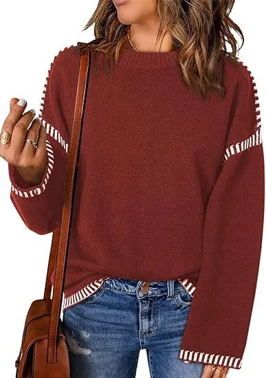 Solid Round Neck Pullover Sweater Autumn And Winter Loose Long Sleeve Tops For Women Clothing Burgundy - Shop at LoveMi