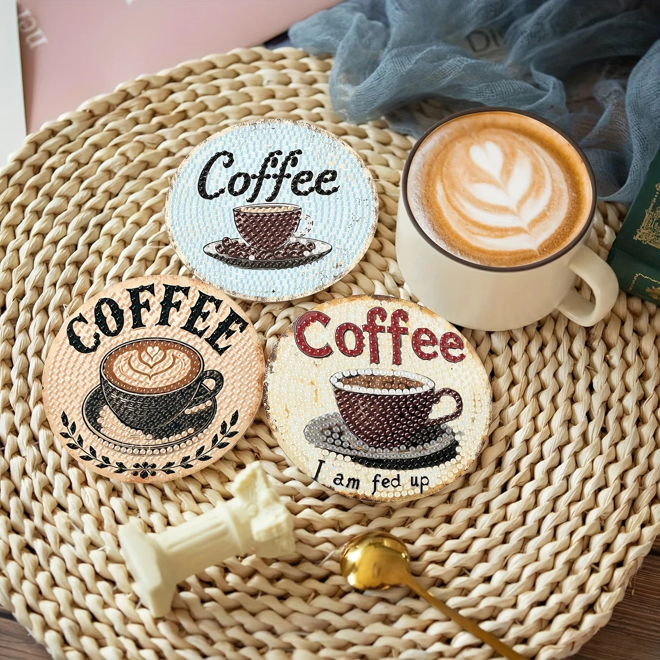Diamond Art Drawing Coaster With Bracket, DIY Coffee Pattern Diamond Art Coaster, Suitable For Adults And Beginners Diamond Drawing Kit, Diamond Kit Craft Supplies, Exquisite Gifts For Friend