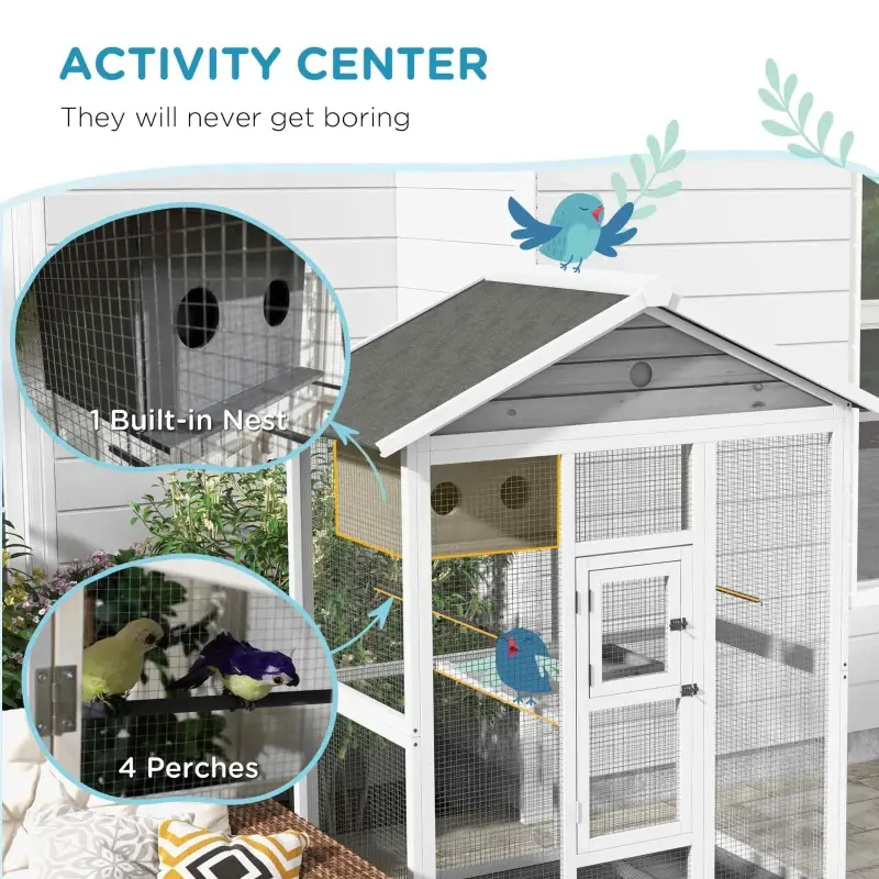 PawHut 64.5 Wooden Bird Cage Aviary, Flight Cage With 4 Perches, Nest And Slide-Out Tray For Indoor Outdoor, GrayMultiple Packages