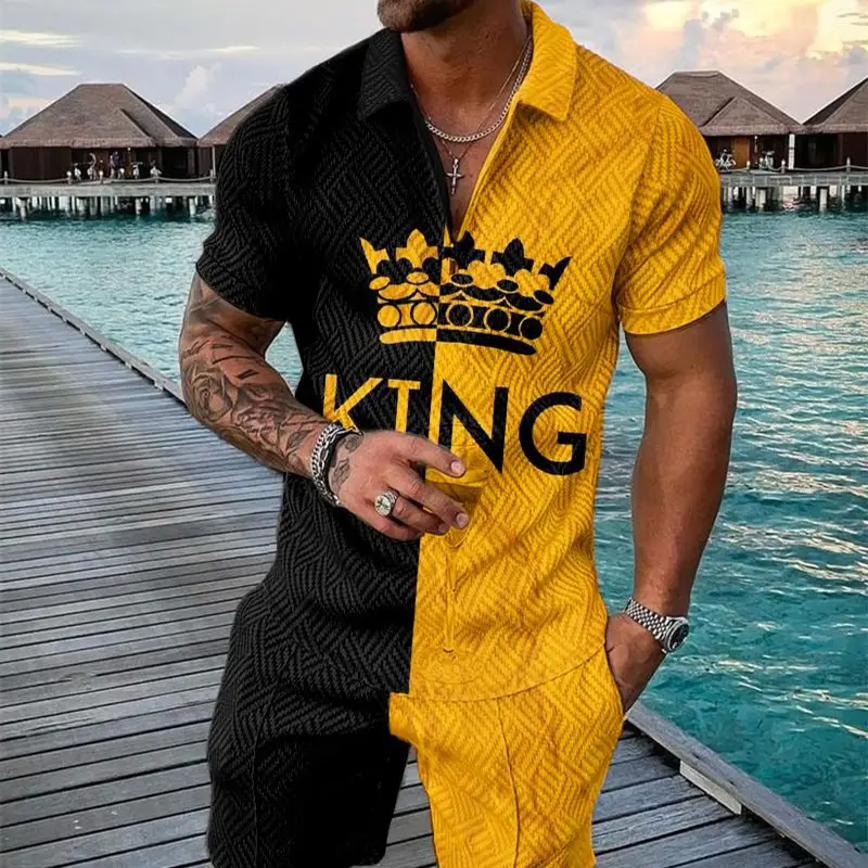 Men's Summer Fashion 3D Printed Short Sleeve Geometric Zip Lapel Shirt Set