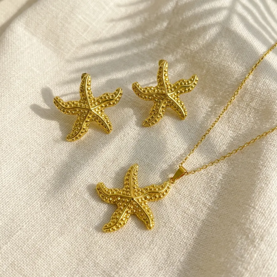 Gold Dotted Starfish Jewelry Set Cable Chain