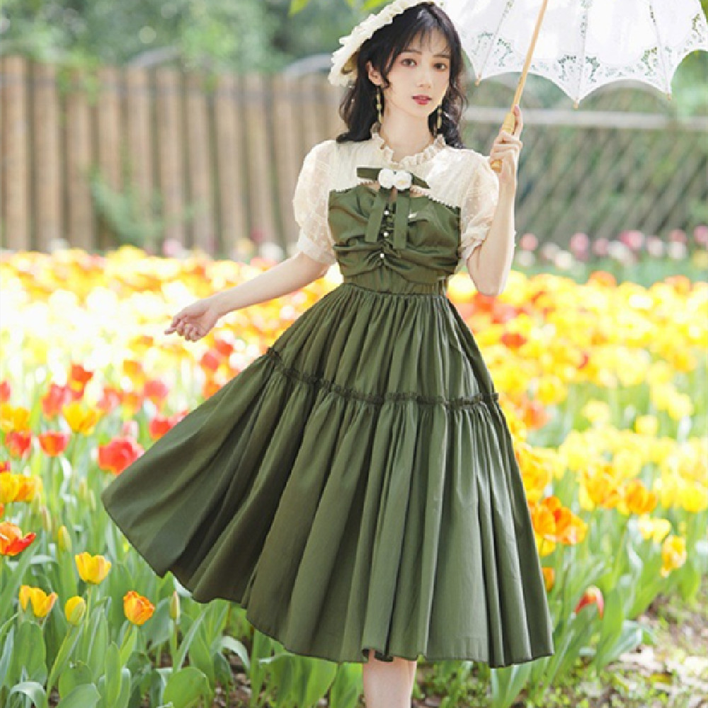 Sweet Princess Puff Sleeve College Style Beaded Swing Dress