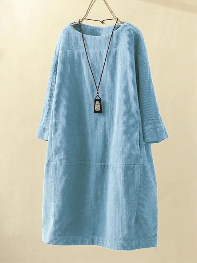 New solid color dress Korean loose three quarter sleeves Blue - Shop at LoveMi