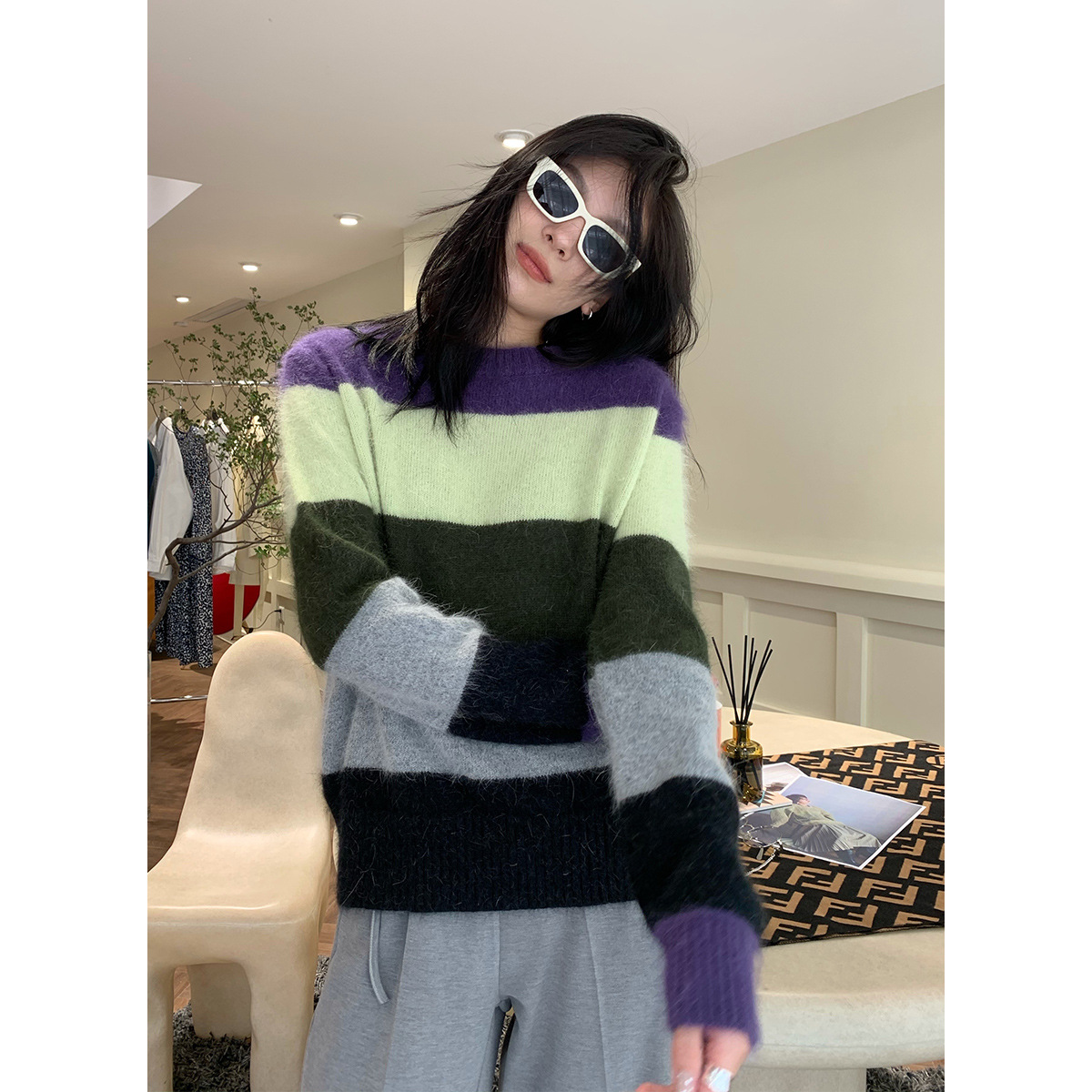 Title 8, Loose Round Neck Contrast Large Striped Sweater...