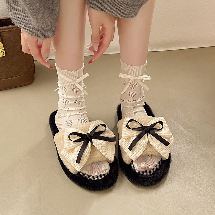 Women's Korean Fashion Retro Bow Fleece Lined Warm Furry Slippers, 2026 Autumn Winter New Flat Anti-Slip Cotton Slides