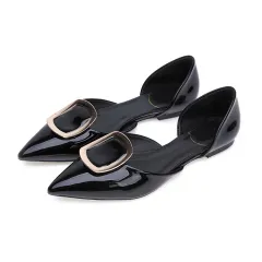 Women's Pointed Toe Square Buckle Flat Shoes - Black - View 1