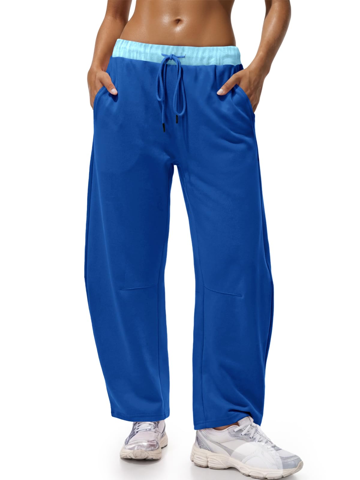 Fisoew Womens Wide Leg Sweatpants Baggy Drawstring Elastic Waisted Travel Track Pants Color Block Joggers With Pockets