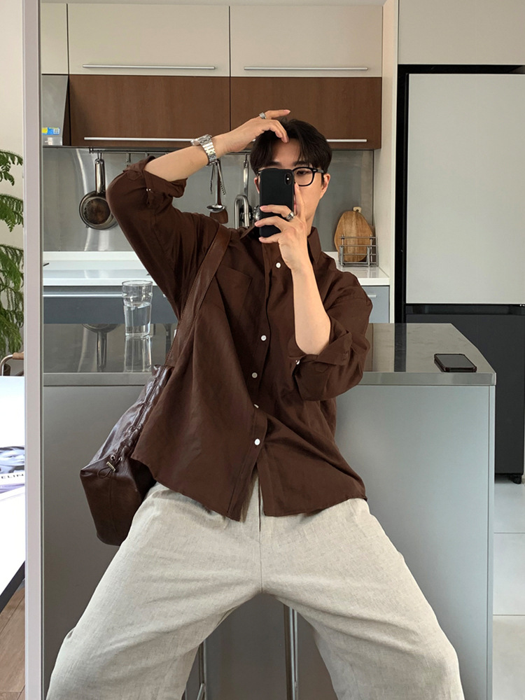 Men's Solid Color Cotton And Linen Long-sleeved Shirt