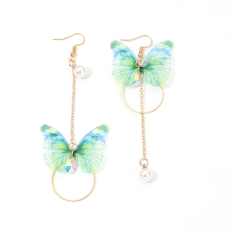 Asymmetric Fabric Butterfly Pearl Circle Earrings