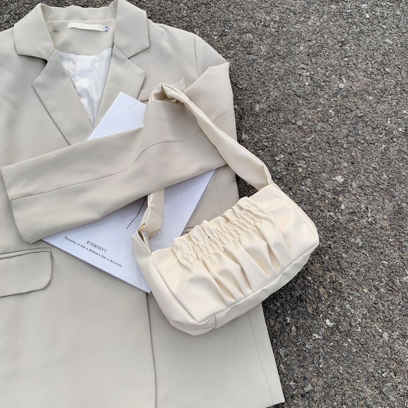 Milk Tea Color Pleated Wide Shoulder Strap Shoulder Bag