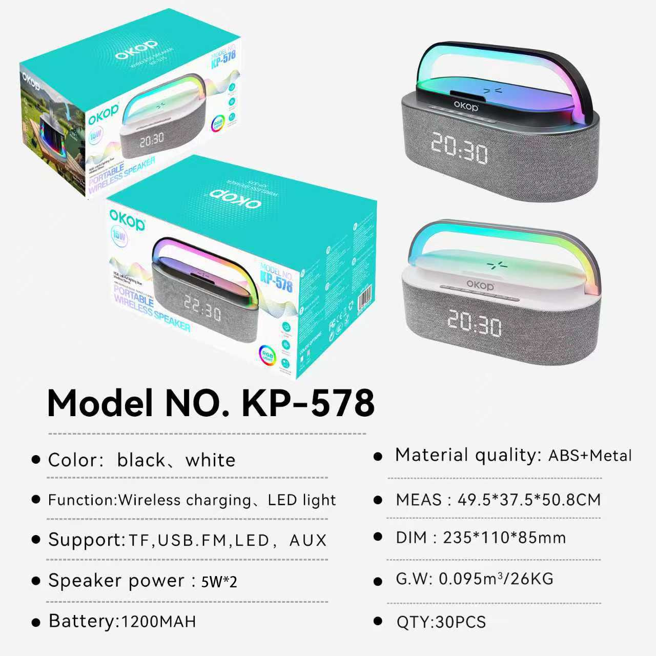 KP-578 Hot-selling Wireless Bluetooth Speaker With Clock Alarm And Wireless Charging Features A Portable Handle Factory Stock Available