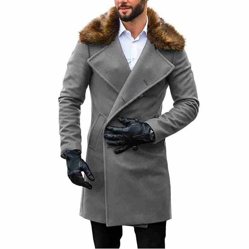 Men's Fashion Fur Collar Long Sleeve Coat Double-breasted Woolen