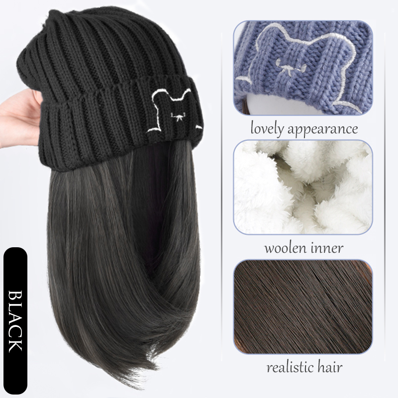 Women's Bear Knitted Hat And Wig Black Hat - Shop at LoveMi