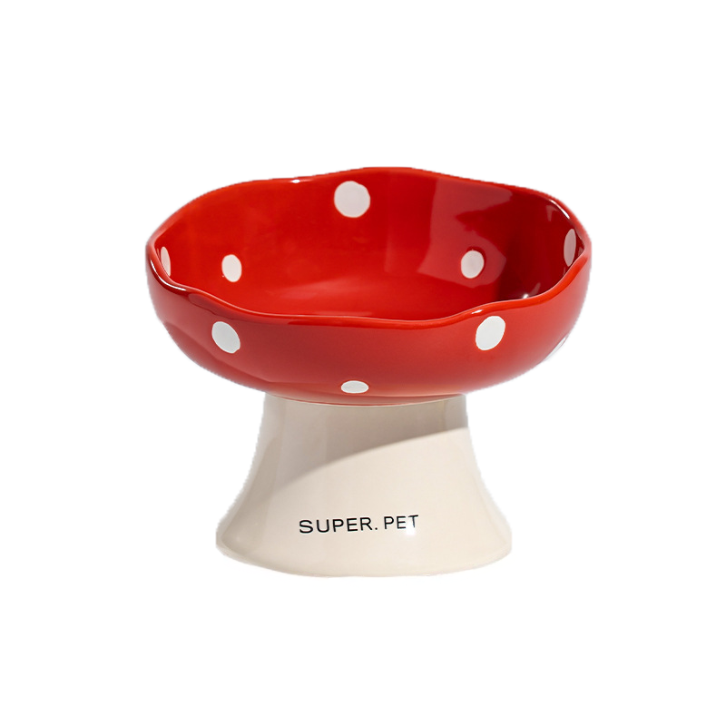 Bol de pisică cu ciuperci roșii, bol de ceramică înălțat pentru pisici Ciuperci drăguțe, înălțat, ceramic, prietenos cu mustața, deschidere largă, stabil