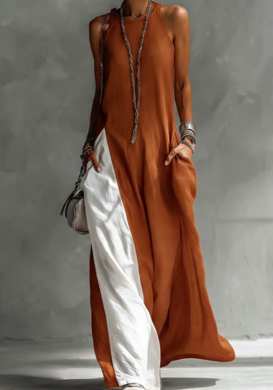 Hanging Neck Contrasting Wide Leg Jumpsuit
