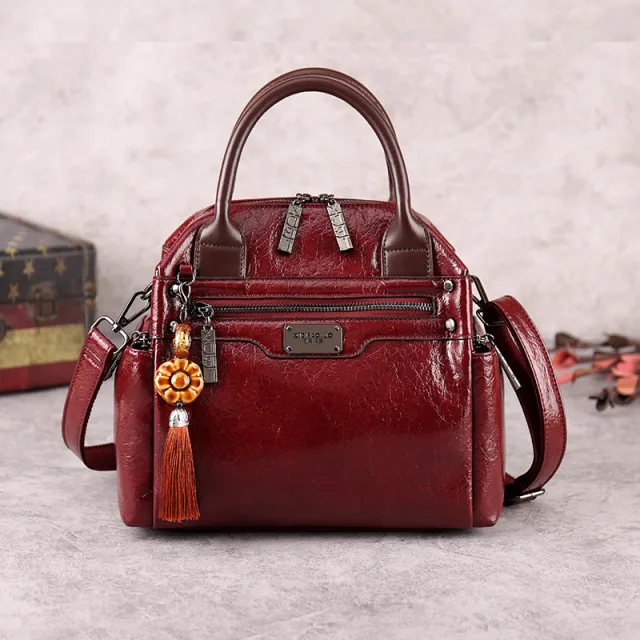 Retro Fashion Oil Wax Leather Hit Color Single shoulder Oblique Handbag Red - Shop at LoveMi