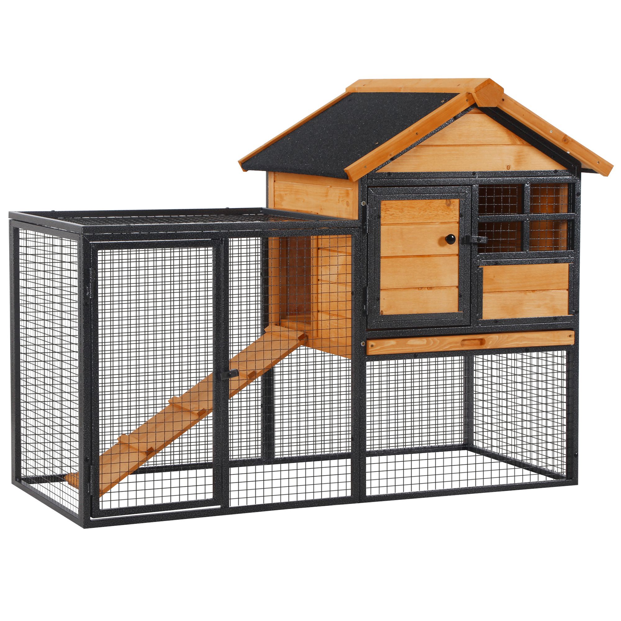 2 Level Rabbit Hutch Bunny Cage, Elevated Pet House With Weatherproof Hinged Asphalt Roof, Removable Tray & Ramp For Outdoor, Natural Black - Shop at LoveMi
