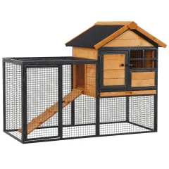 2-Level Rabbit Hutch Bunny Cage, Elevated Pet House With Weatherproof Hinged Asphalt Roof, Removable Tray & Ramp For Outdoor, Natural - Black - View 1
