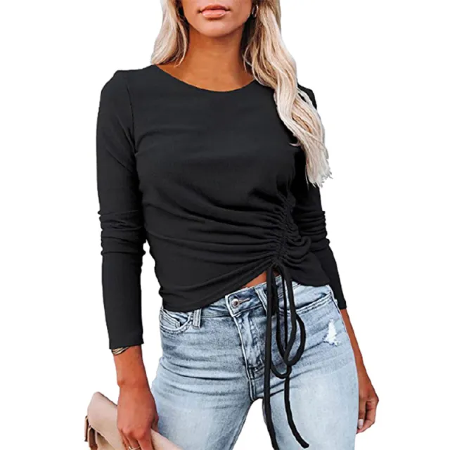 Rib Solid Color Long Sleeve Round Neck Drawstring Fashion T shirt Women Black - Shop at LoveMi