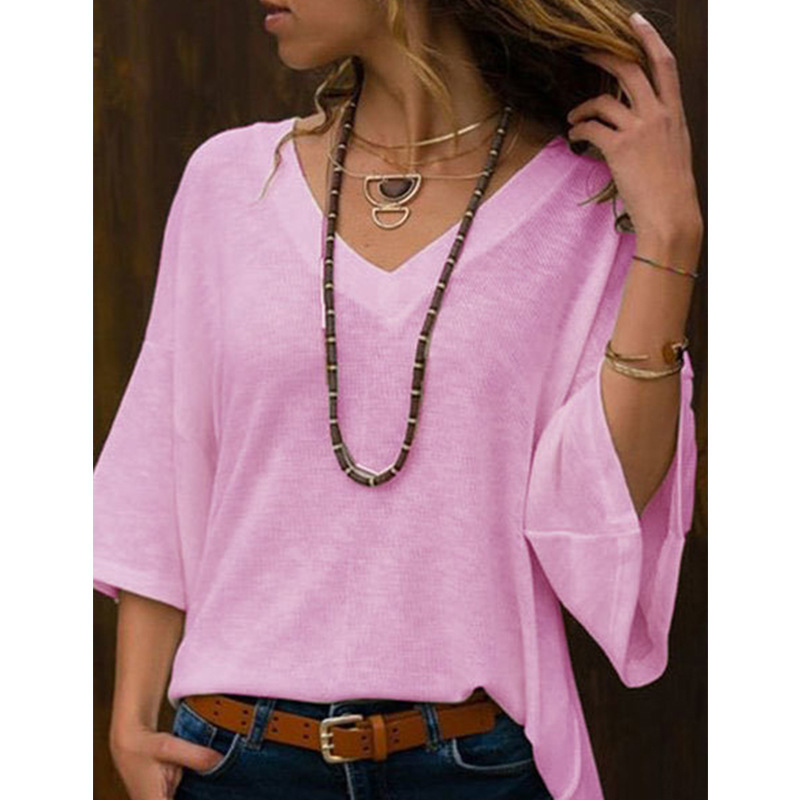 Classic Temperament V-neck Mid-sleeve Sweater Women's T-shirt Blouse Large Size Loose