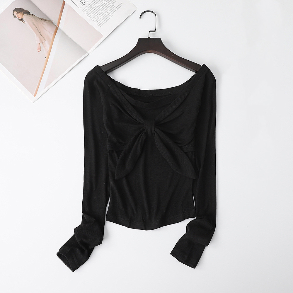 Knit Bow Top Off-the-shoulder Slim Sexy One-shoulder