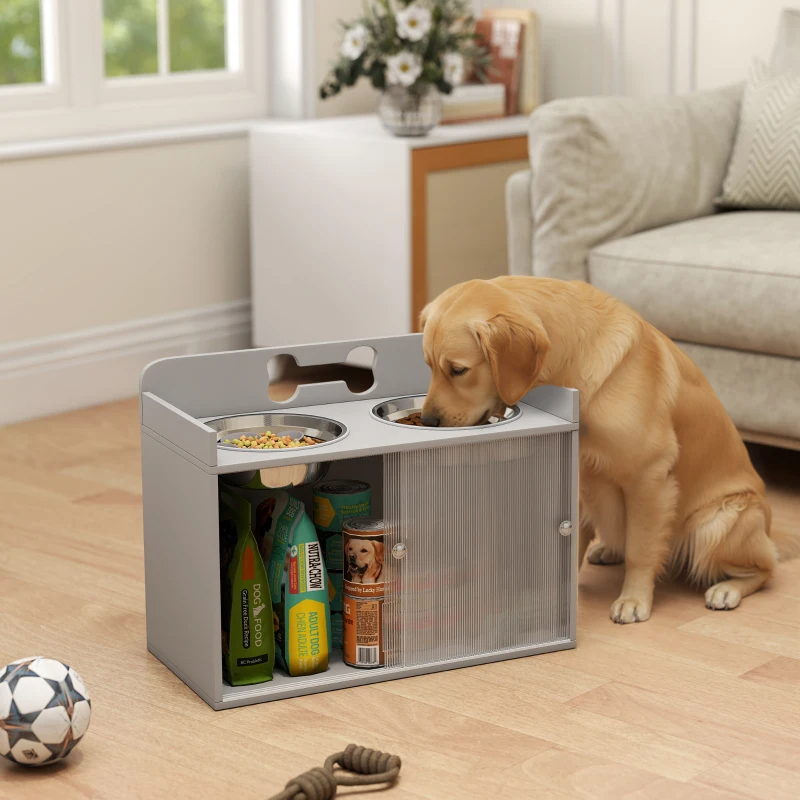 Elevated Dog Bowls With Storage, Raised Dog Bowl Stand With 2 Stainless Steel Bowl For Large Dogs, Gray