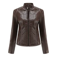 Simple European And American Trend Thin Coat Long Sleeve Motorcycle Jacket Women - Coffee - View 1