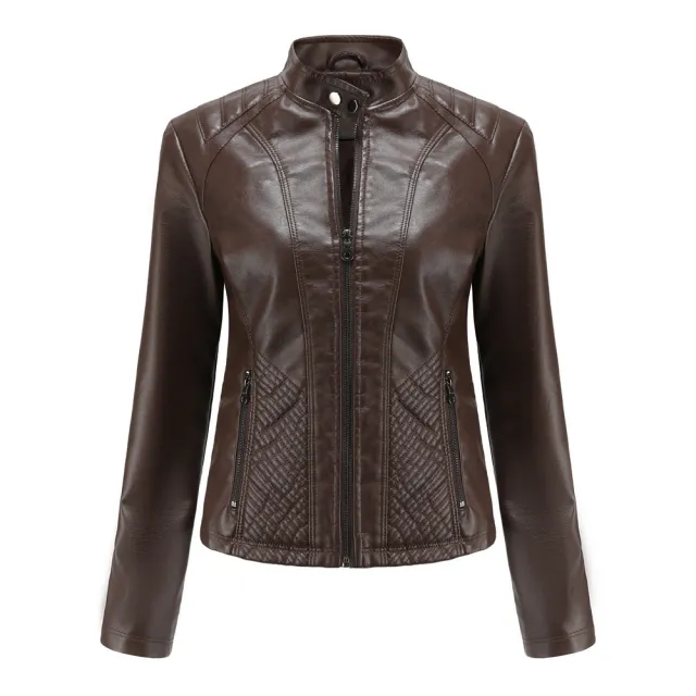 Simple European And American Trend Thin Coat Long Sleeve Motorcycle Jacket Women Coffee - Shop at LoveMi