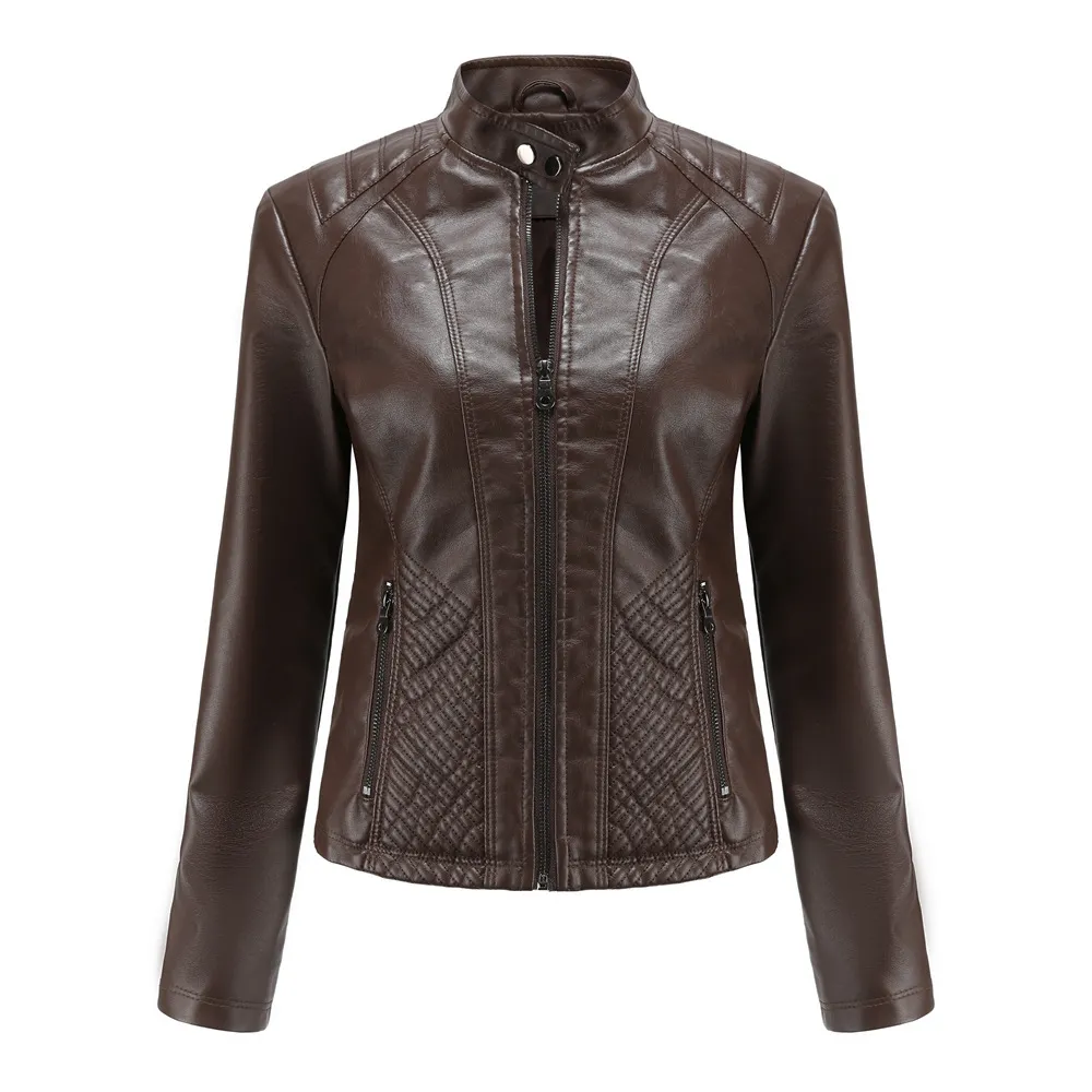 Simple European And American Trend Thin Coat Long Sleeve Motorcycle Jacket Women - Coffee