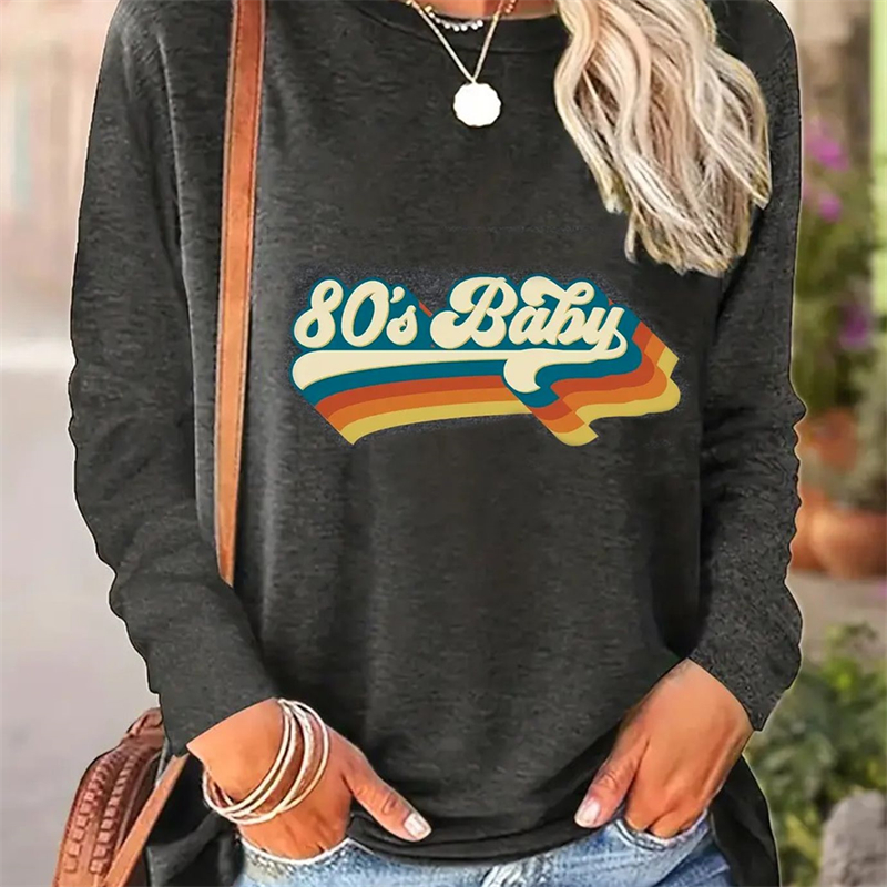 Spring And Autumn Women Casual Simple Pattern Printed Round Neck Long Sleeve T-shirt