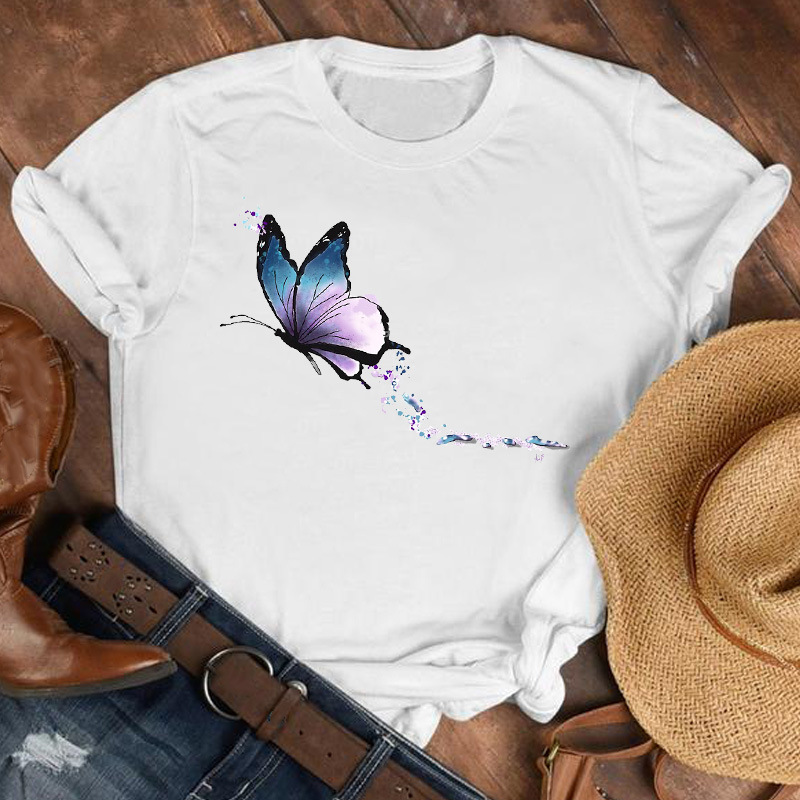 Title 1, Ladies Cartoon Butterfly Flower Short-sleeved D...