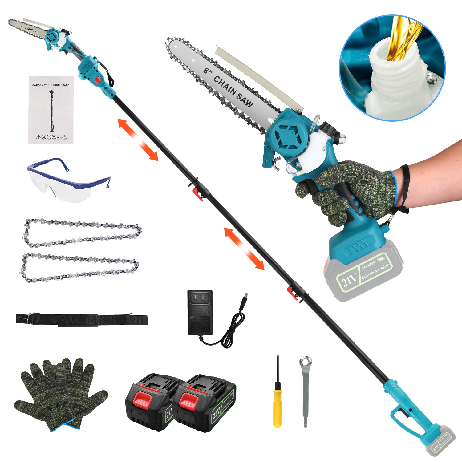 1Set 2 In1 Cordless Pole Saw And Mini Chainsaw With Extension Pole 21V Battery 8in Electric Brushless Pole Chainsaw With Auto Oiler Safety Switch 6.4LBS Lightweight For Tree Trimming - Image 1