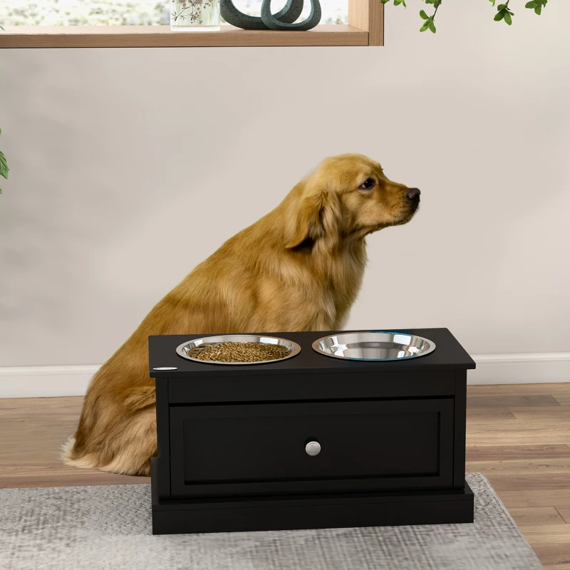 Dog Bowls With Storage Drawer, Raised Dog Bowl Stand Pet Food Bowl Dog Feeding Station, Black