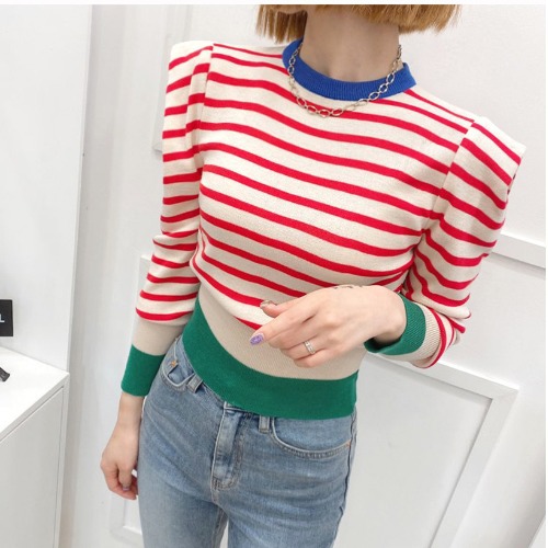 Spring New Style Korean Fashion Korean Striped Knit Color Matching Long-sleeved Sweater Women's Bottoming Shirt Top