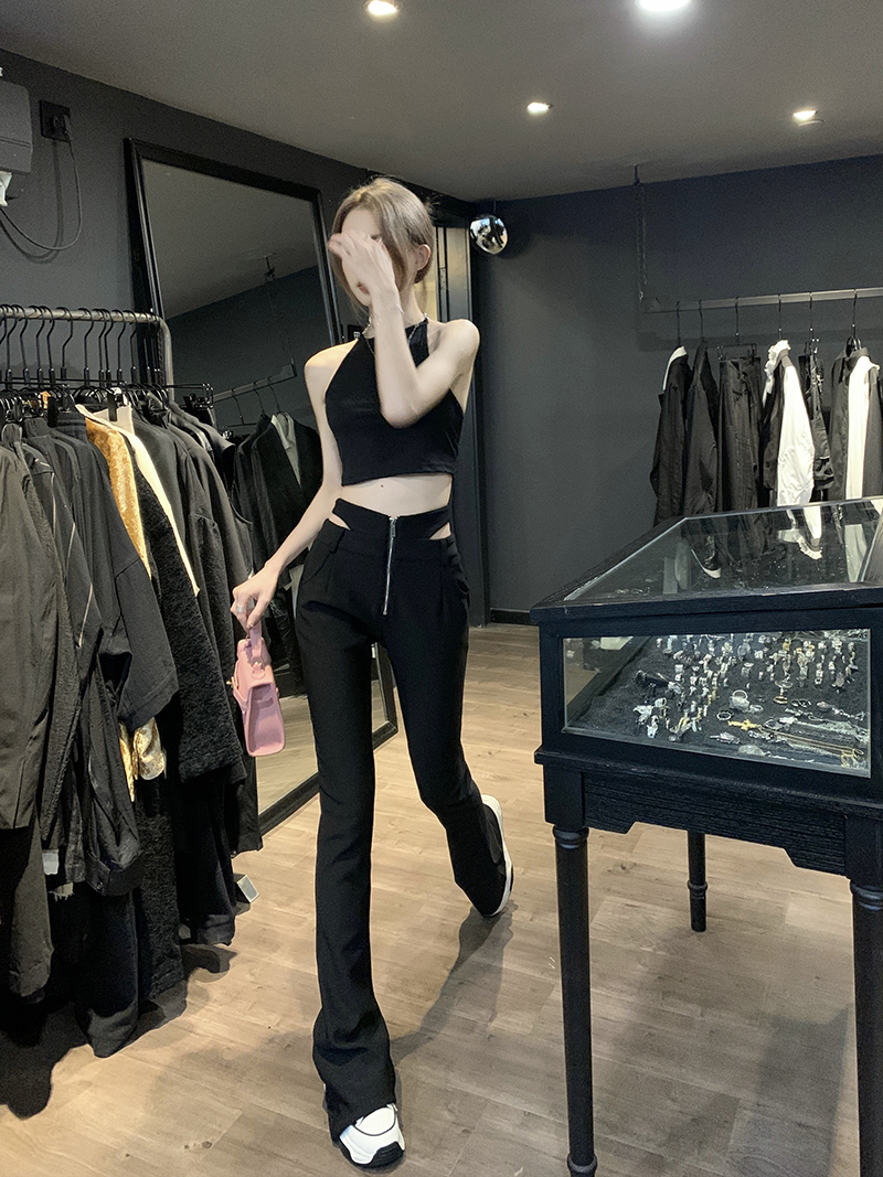 Women's Black Zipper Waistless Slim Fit Elastic Slim Casual Pants