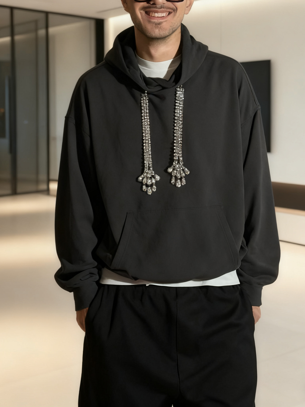 Oversized Hoodie With Crystal Embellished Drawstrings As Show - Shop at LoveMi